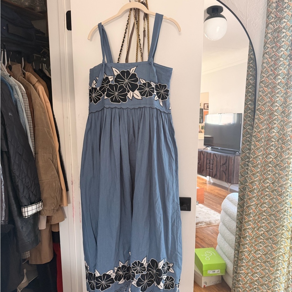 THE GREAT. Blue and Black Floral Dress